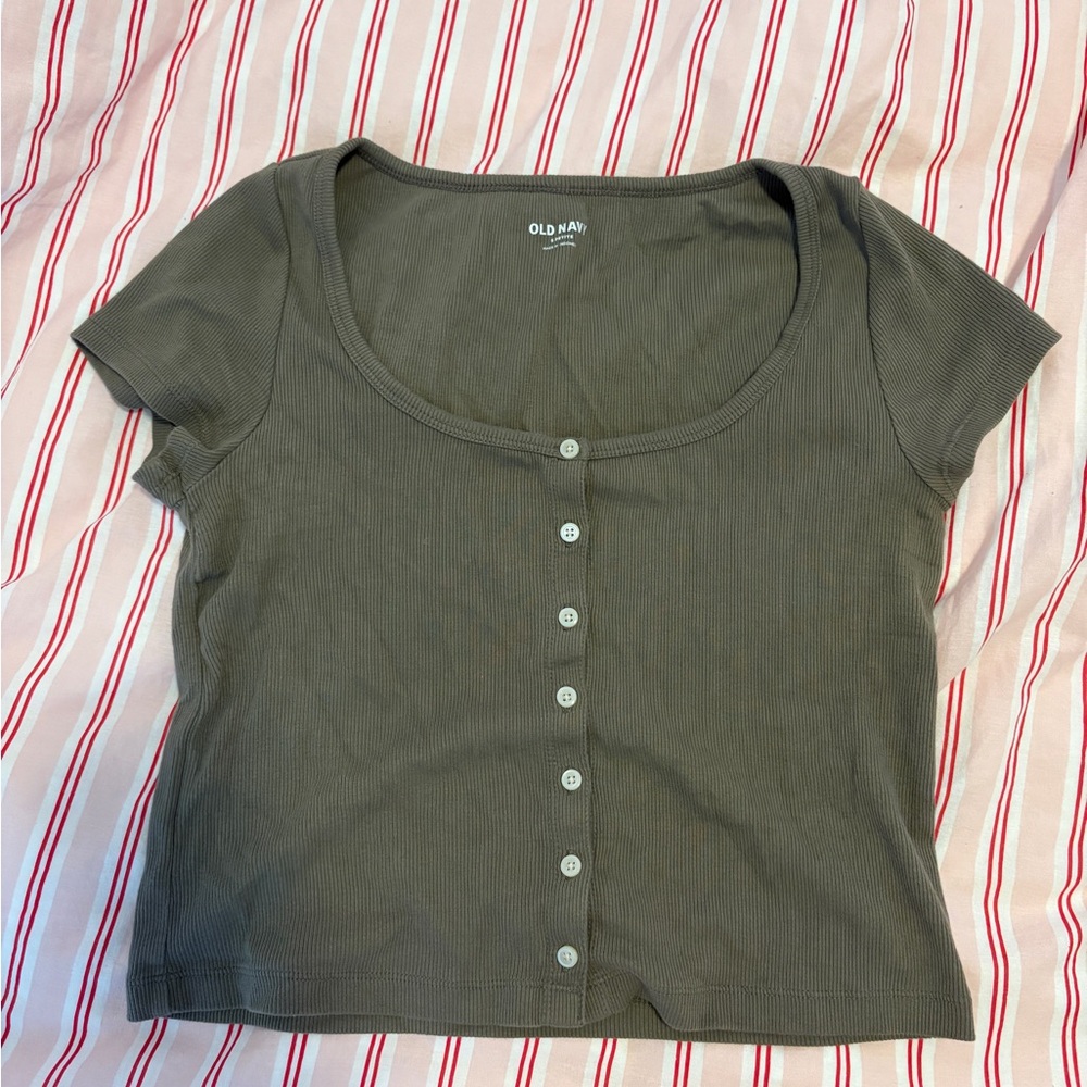 Old Navy Olive Green Ribbed Scoop Neck Button-Down Crop Top